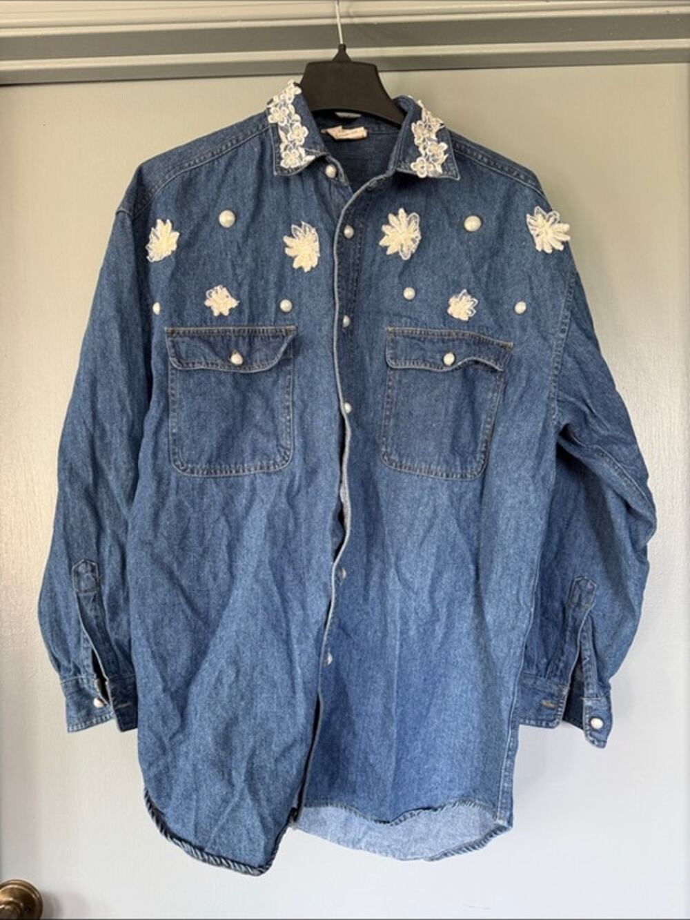100% Cotton Denim Floral Lace Applique Women's Button Shirt Top Pockets 2X